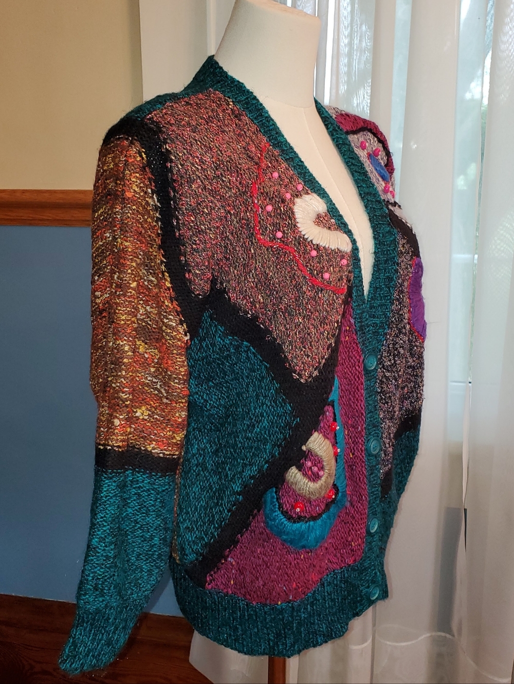 Vintage Jaclyn Smith Women's Large Multi Color Teal Sweater W/ Appliqués & Beads - Picture 2 of 7